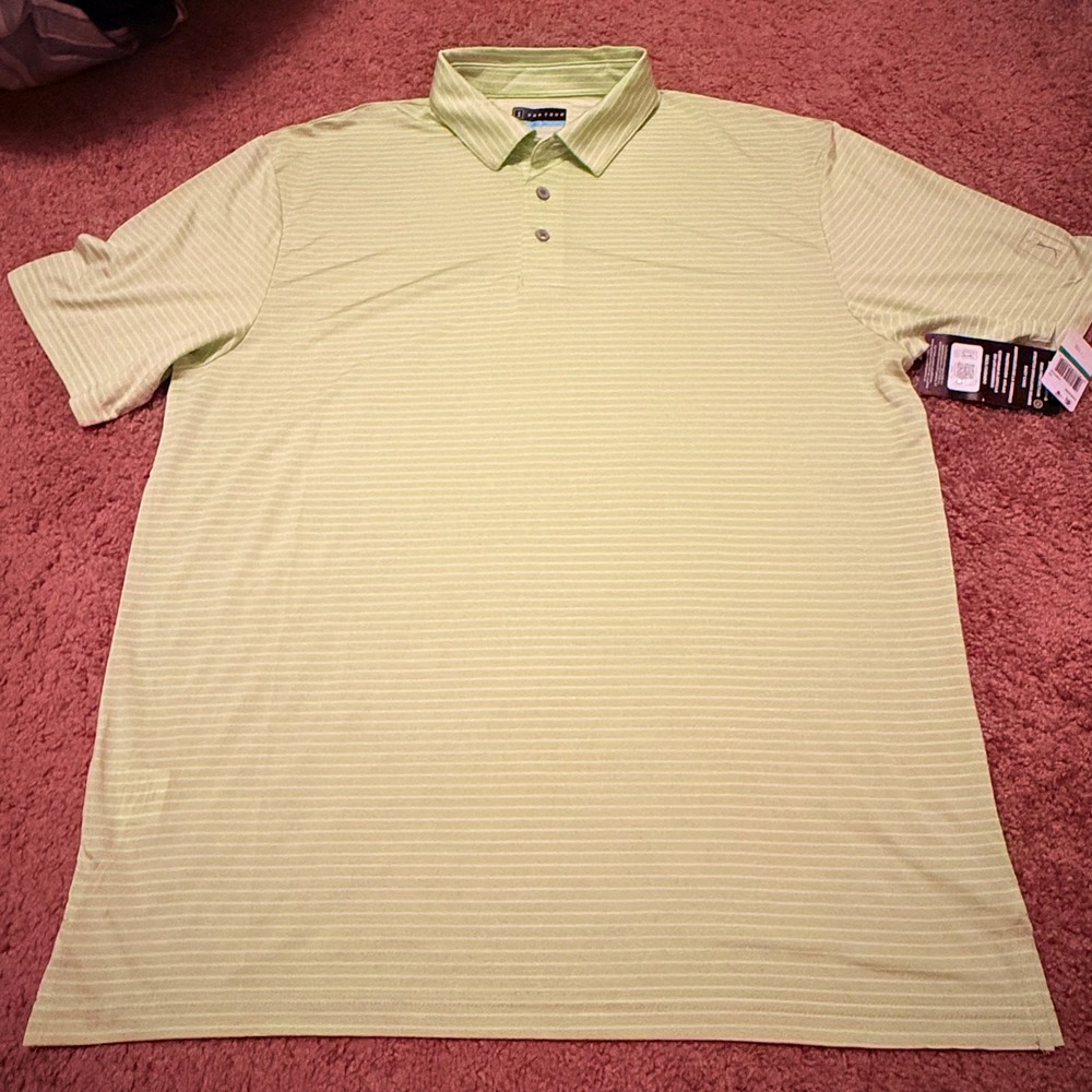 PGA Tour Mens Tomatillo Green Striped Golf Polo Shirt Large NWT